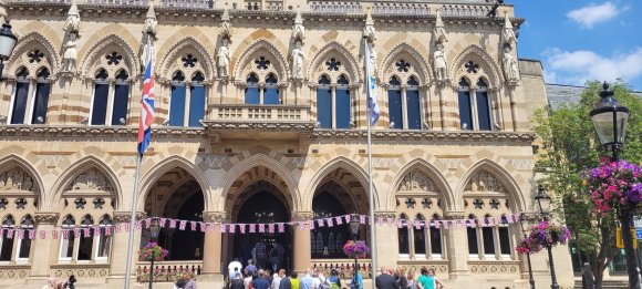 The Windrush Day National Standard flies outside the Guildhall