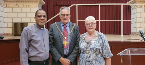 Mayor of Northampton, Cllr Dennis Meredith, pictured with his Mayoress Rona Meredith and Pastor Donovan Allen